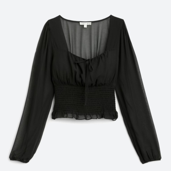 nine britton Tops - nine britton sheer black long puff sleeve scoop neck smocked peasant blouse-S